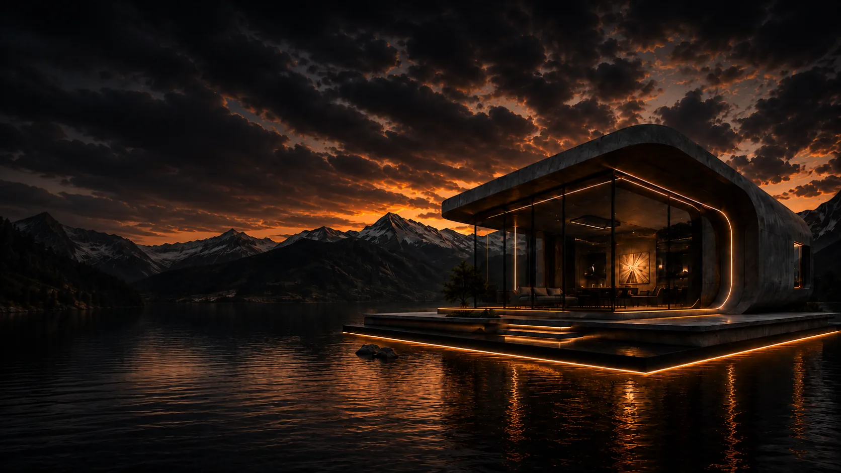 A concrete and glass pavilion with glowing amber edge lighting, standing on a still mountain lake at sunset